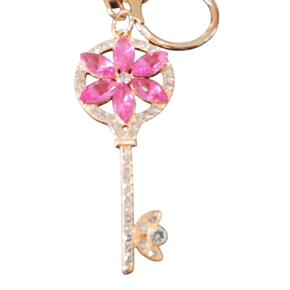 Floral Rhinestone Skeleton Key Keychain Purse Charm with Pink Flower